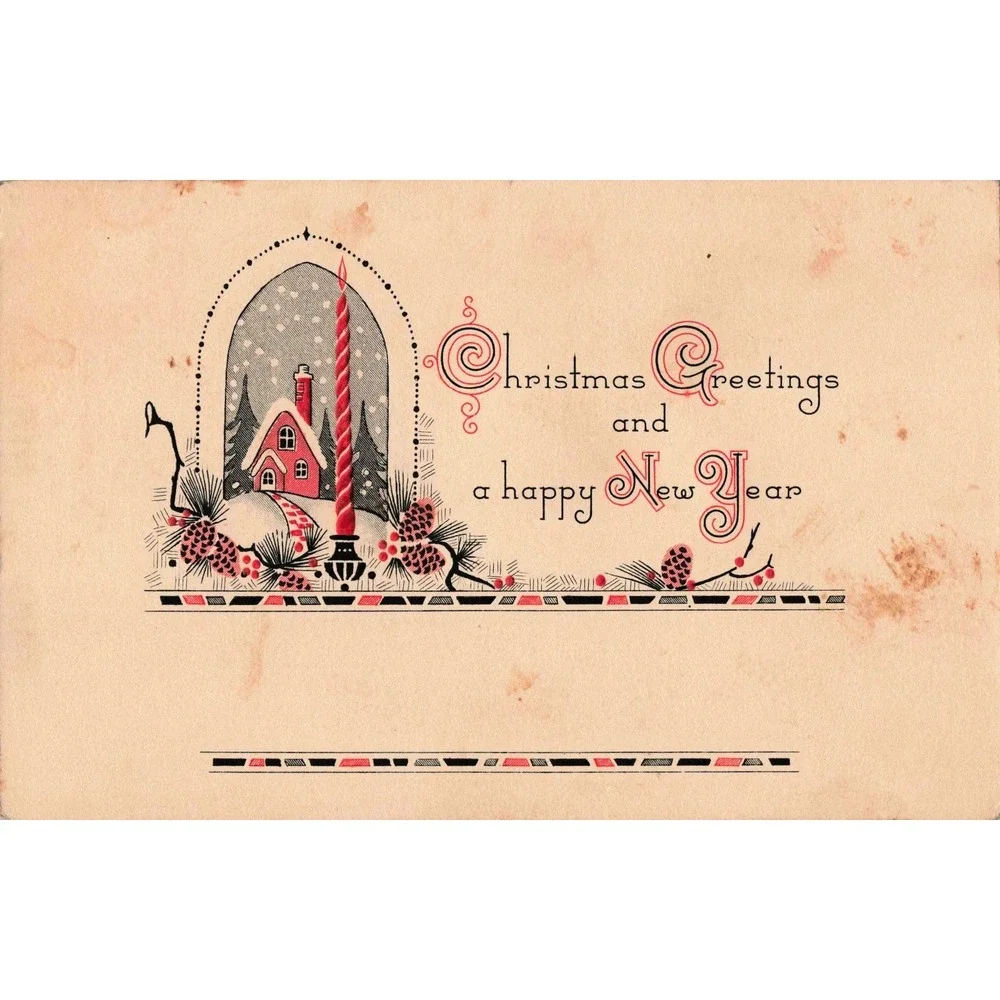 Vintage Christmas Greetings Happy New Year Card Red Black Cottage Candle G